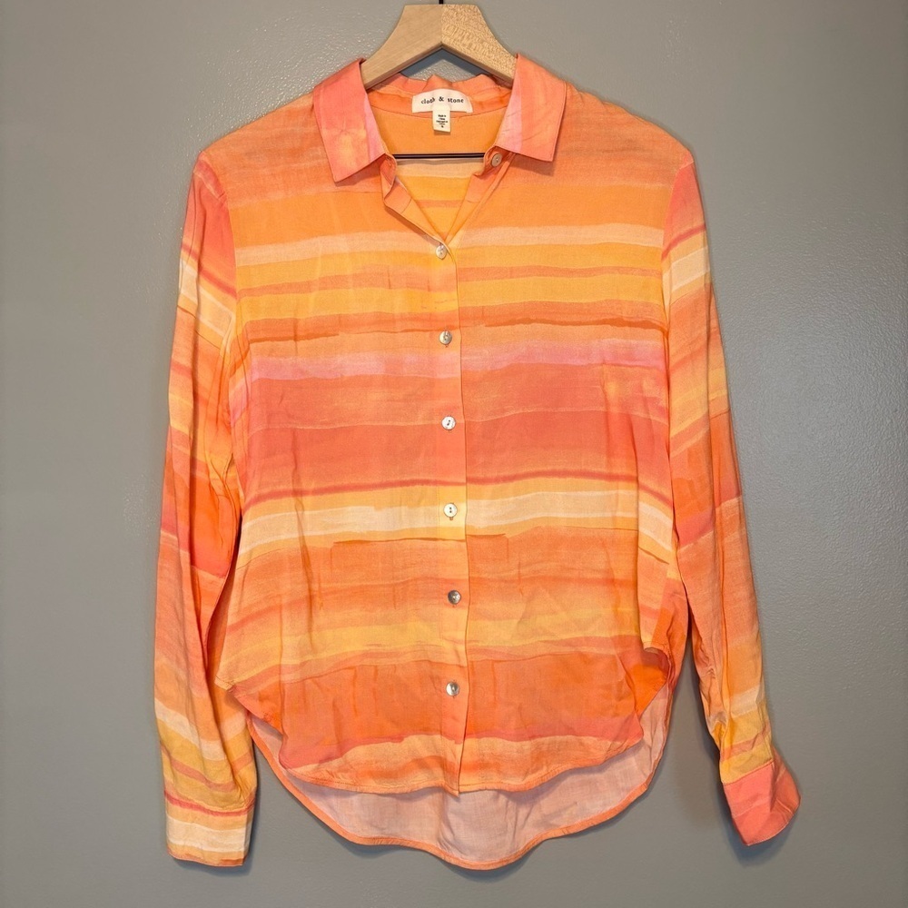Cloth & Stone Anthropologie Small Orange Stripe Printed Button Down Shirt - Picture 2 of 6